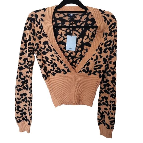 NBD NEW Small NWT Cheetah Print Cropped Low Cut Sweater Brown Black Animal Print - Picture 1 of 8